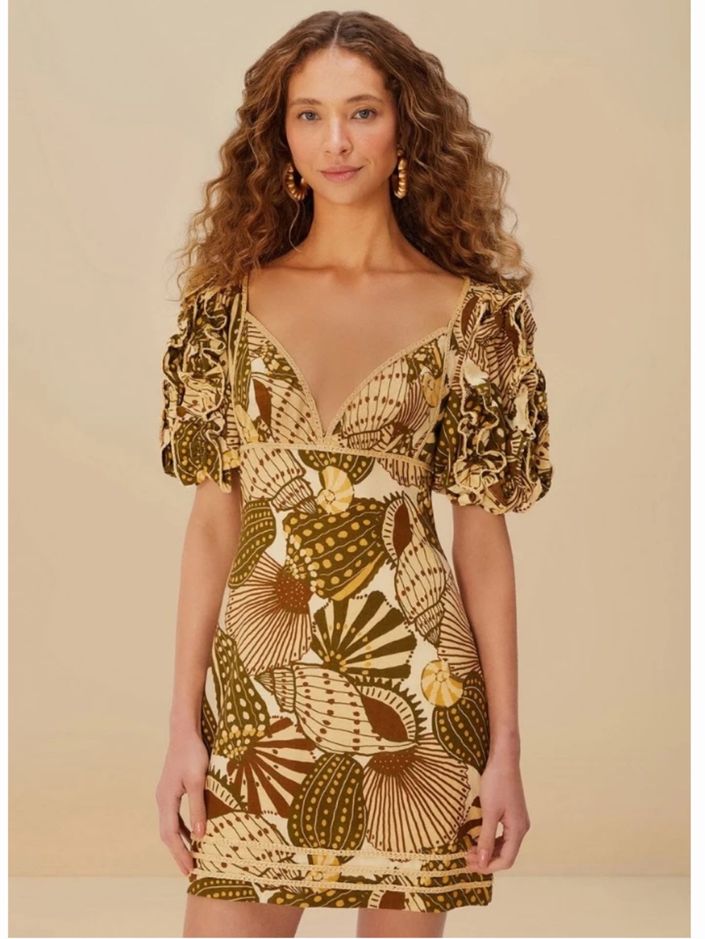 NWT Farm Rio Sand Shell Boho  puff sleeve Mini Dress - Picture 5 of 12
